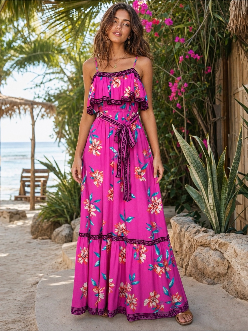 Flying Tomato Pink Floral Cold Shoulder Maxi Dress Belted Boho Size S